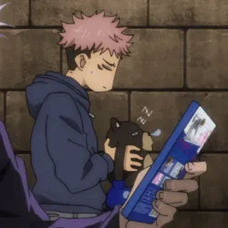 🎱 3bd7a332 Yuji Itadori Jujutsu Kaisen animé, endormi, fatigué, assis, ours, peluche, manga whatsapp sticker