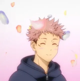 💥 48d8d7c4 Yuji Itadori Jujutsu Kaisen Anime, Sourire, cheveux roses, étudiant(e), pétales de fleur whatsapp sticker
