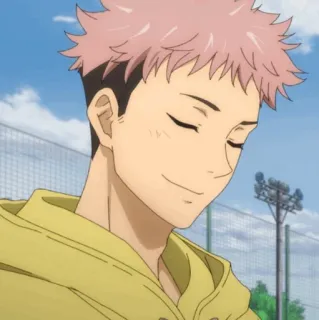 💥 9926877e Itadori Yuji Jujutsu Kaisen animé, souriant, garçon, jaune, cheveux roses whatsapp sticker