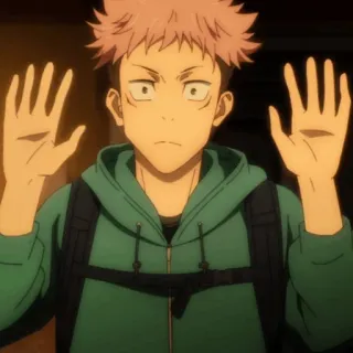 💥 a0daba0a Yuji Itadori Jujutsu Kaisen Anime, Personnage, Les mains en l'air, Sweat à capuche vert whatsapp sticker