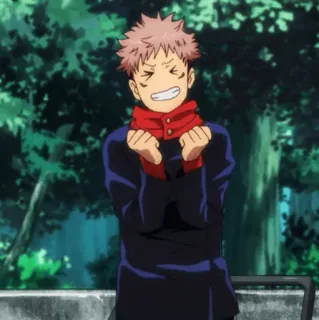 💥 a53e7725 Yuji Itadori Jujutsu Kaisen animé, manga, excité, garçon, écharpe rouge, uniforme noir whatsapp sticker
