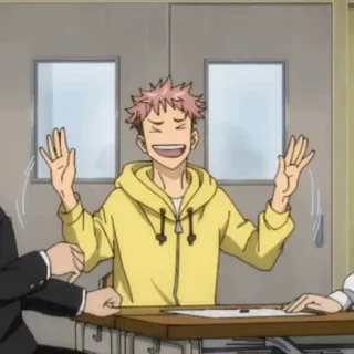 🎱 d3dfc903 Yuji Itadori Jujutsu Kaisen Animé, Personnage, Jaune, Joyeux, Mains levées whatsapp sticker