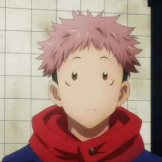 💥 f7374ad2 Yuji Itadori Jujutsu Kaisen Anime, Manga, Garçon, Hoodie Rouge, Cheveux Roses whatsapp sticker