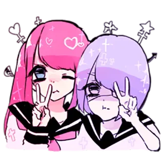 ✌ 6eae5be2 Anime, Mädchen, Friedenszeichen, Pinke Haare, Lila Haare, Süß, Funkeln, Kreuz telegram sticker