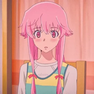 💈 e43f1457 Yuno Gasai Future Diary Anime, Yandere, Pelo rosa, Impactado/a, Lindo/a whatsapp sticker