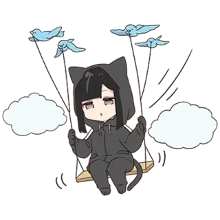 🌟 2387bbc3 Anime, Fofo, Garota gato, Kawaii, Chibi, Balanço, Pássaros, Nuvens telegram sticker