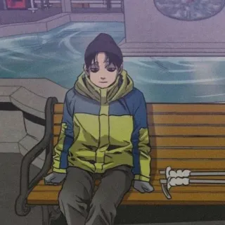 🦴 b605a83f lance-pierre, banc, assis, animé, jeunesse whatsapp sticker