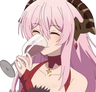 🍷 538a9136 Anime, Minum, Anggur, Karakter, Rambut merah muda, Iblis, Tanduk, Lucu, Stiker telegram sticker