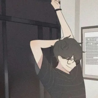 🧸 46d10600 Anime, Chłopak, Postać, Okulary, Koszulka, Podniesione ręce, Uśmiechnięty telegram sticker