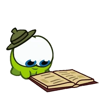 🤨 7dd6445f Om Nom Cut the Rope Om Nom, Cut the Rope, lezen, boek, groen, cartoon whatsapp sticker