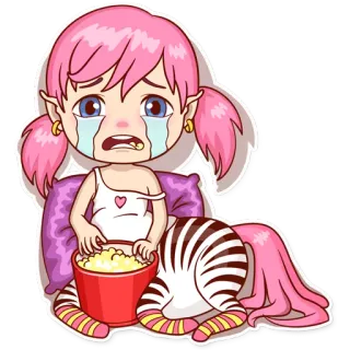 😭 482be2da crying, sad, cartoon, pink hair, tears, popcorn, anime, emotional whatsapp sticker