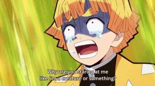 😾 955f868e Zenitsu Demon Slayer Why are you staring at me like i'm a creature or something? อนิเมะ, ดาบพิฆาตอสูร, เซ็นนิตสึ, ร้องไห้, กลัว telegram sticker