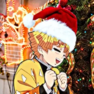 🌩 753d39d0 Zenitsu Agatsuma Demon Slayer Anime, Weihnachten, Nikolausmütze, Gelbe Haare, Festlich, Manga Figur, Winter whatsapp sticker