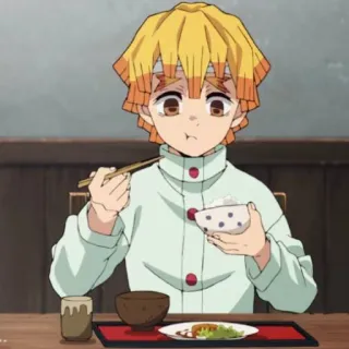 ⚡️ 1fa64873 Zenitsu Agatsuma Demon Slayer アニメ, 善逸, 鬼滅の刃, 食べる, 箸, 和風, 食べ物, キャラクター telegram sticker