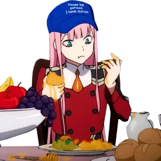 😦 7d93bc92 Zero Two Darling in the Franxx Please be patient I have autism アニメ, キャラクター, 漫画, 自閉症, 帽子 telegram sticker