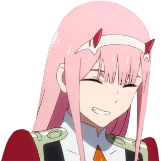 😄 9097721a Zero Two Darling in the Franxx アニメ, ピンク髪, 角, 笑顔, かわいい telegram sticker