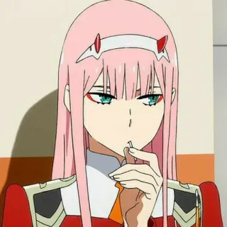 🍭 0a1f3c9f Zero Two Darling in the Franxx Zero Two, Darling in the Franxx, Anime, cheveux roses, cornes, Manga telegram sticker