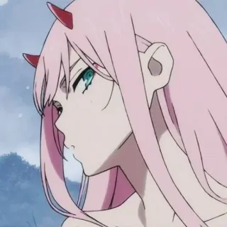 🍭 122ecd0c Zero Two Darling in the Franxx Anime, Zero Two, Darling in the Franxx, cheveux roses, cornes telegram sticker