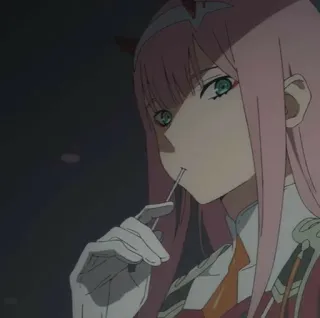 🍭 2783fdd5 Zero Two Darling in the Franxx animé, Zero Two, Darling in the Franxx, cheveux roses, sucette, mignon, fille telegram sticker