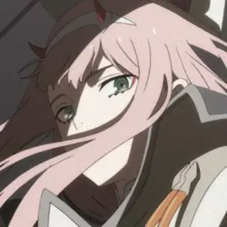 🍭 2fce6f4c Zero Two Darling in the Franxx Anime, Zero Two, Cheveux Roses, Cornes, Darling in the Franxx, Fille Anime, Waifu telegram sticker