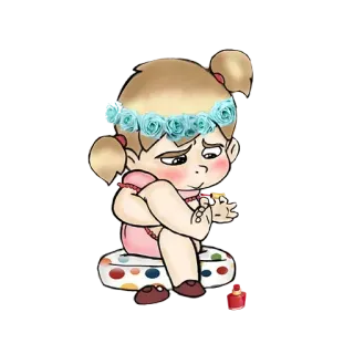 🙄 1019c529 ragazza, triste, arrabbiata, cartone animato, corona di fiori, seduta telegram sticker