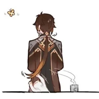 😼 1f75725e Zhongli Genshin Impact video game, character, cat, butterfly, digital art telegram sticker