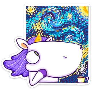 🤔 a76868a9 独角兽, 星夜, 梵高, 咖啡, 艺术, 贴纸, 紫色, 黄色 telegram sticker