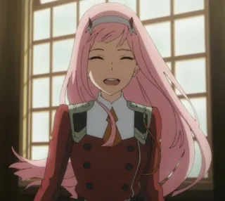 🌷 067f0706 Zero Two Darling in the Franxx Anime, Personage, Roze haar, Zero Two, Darling in the Franxx, Glimlach, Hoorns telegram sticker