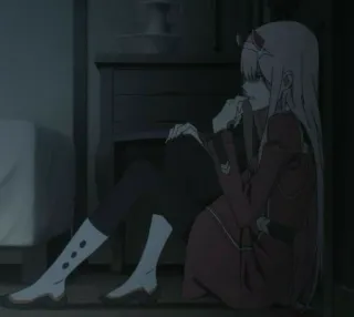 🌷 fe56e6ed Zero Two Darling in the Franxx Anime, Zero Two, Darling in the Franxx, Karakter, zittend, verdrietig telegram sticker