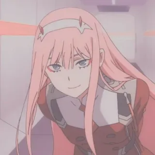 🌷 ffd2ba8b Zero Two Darling in the Franxx Anime, Zero Two, Darling in the Franxx, roze haar, hoorns, anime meisje telegram sticker