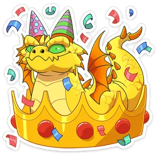 🥳 6e024e0d ドラゴン, パーティー, 王冠, 紙吹雪, お祝い, 漫画, かわいい, ファンタジー telegram sticker