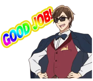 😎 553b27e2 GOOD JOB! bien hecho, anime, hombre, gafas de sol, elogio, cumplido telegram sticker