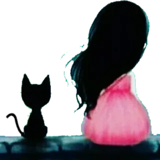 🖤 440e1b34 chat, fille, silhouette, robe, amitié, mignon, art, illustration whatsapp sticker